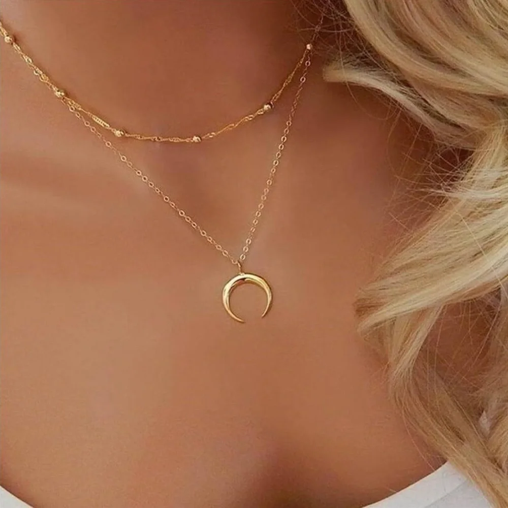 Gold 14k Gold Plated Beaded Moon Pendant Necklace
